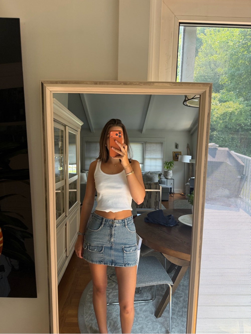 Zara White Ribbed Cropped Tank and Denim Mini Skirt Outfit